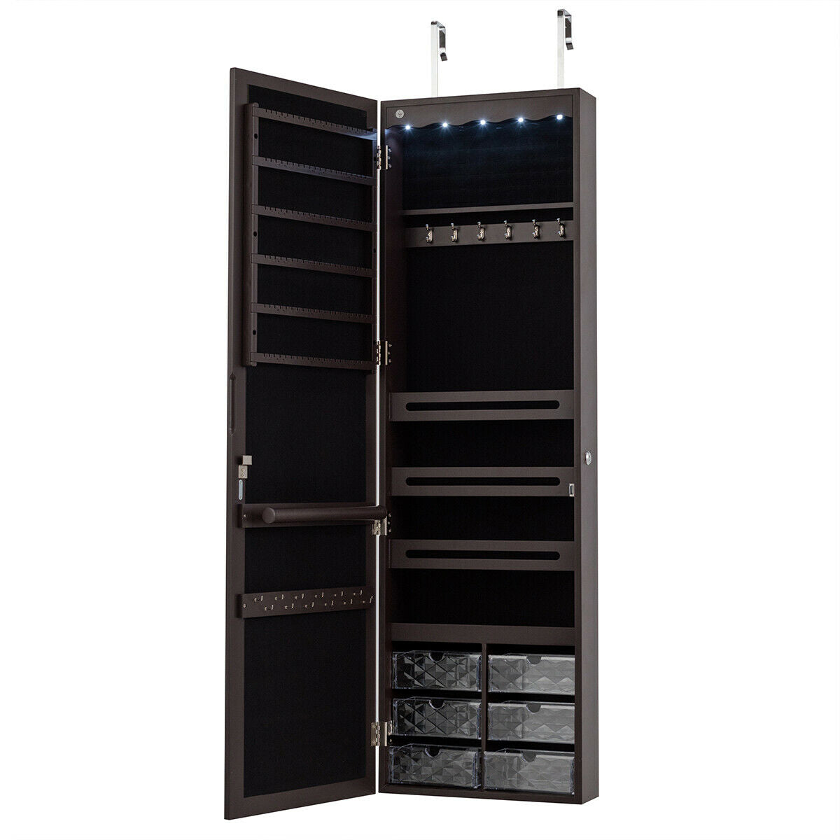 Door Hanging Mirror Jewelry Armoire with Full Length Mirror and 6 Drawers, Brown Jewelry Armoires at Gallery Canada
