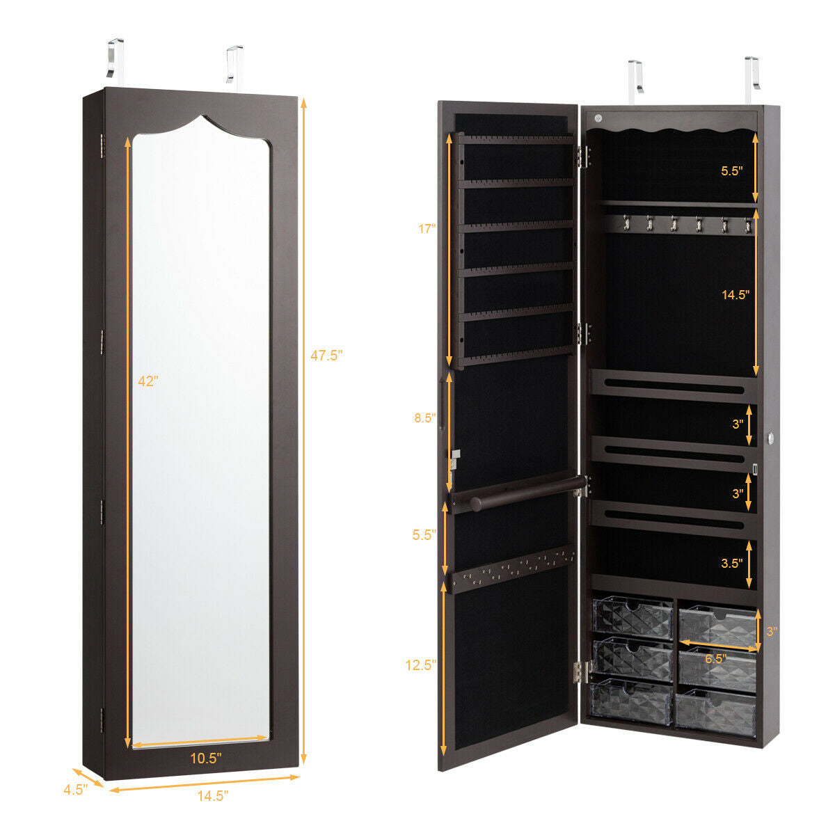 Door Hanging Mirror Jewelry Armoire with Full Length Mirror and 6 Drawers, Brown Jewelry Armoires at Gallery Canada