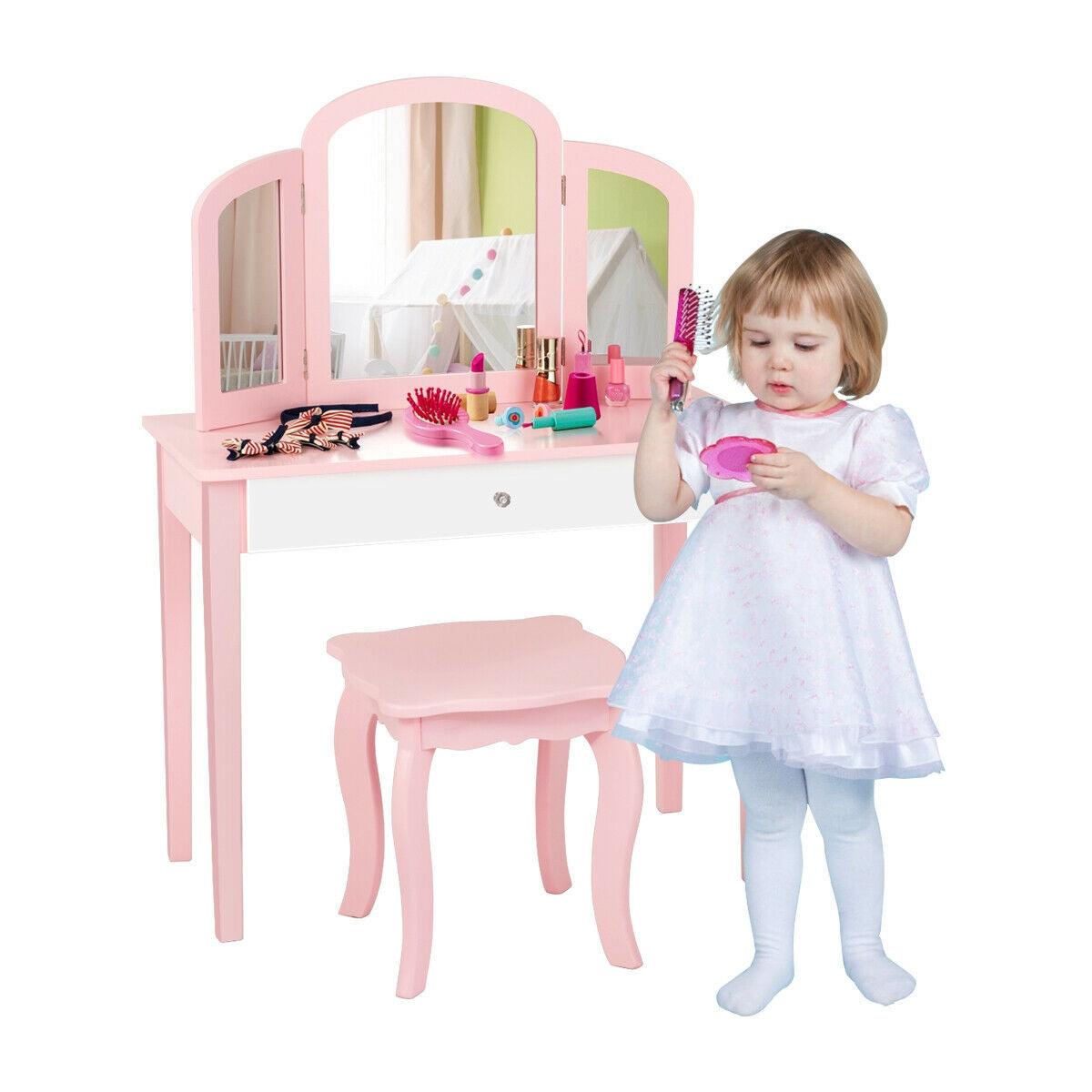 Kids Princess Make Up Dressing Table with Tri-folding Mirror and Chair, Pink Kids Vanities at Gallery Canada