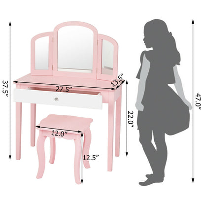 Kids Princess Make Up Dressing Table with Tri-folding Mirror and Chair, Pink Kids Vanities at Gallery Canada