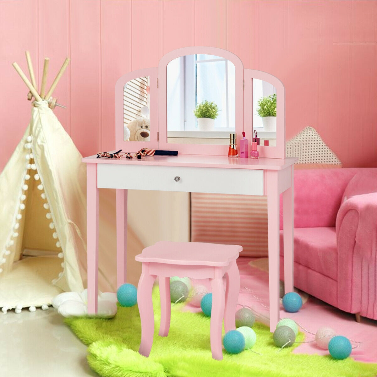 Kids Princess Make Up Dressing Table with Tri-folding Mirror and Chair, Pink Kids Vanities at Gallery Canada