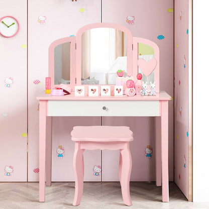 Kids Princess Make Up Dressing Table with Tri-folding Mirror and Chair, Pink Kids Vanities at Gallery Canada