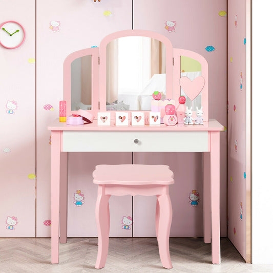 Kids Princess Make Up Dressing Table with Tri-folding Mirror and Chair, Pink Kids Vanities Pink at Gallery Canada