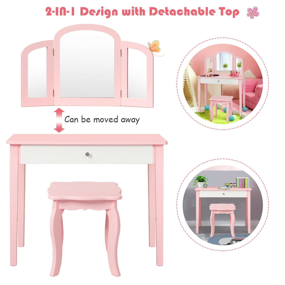 Kids Princess Make Up Dressing Table with Tri-folding Mirror and Chair, Pink Kids Vanities at Gallery Canada