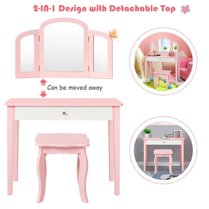 Kids Princess Make Up Dressing Table with Tri-folding Mirror and Chair, Pink Kids Vanities at Gallery Canada