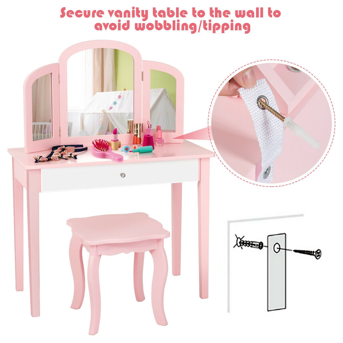 Kids Princess Make Up Dressing Table with Tri-folding Mirror and Chair, Pink Kids Vanities at Gallery Canada