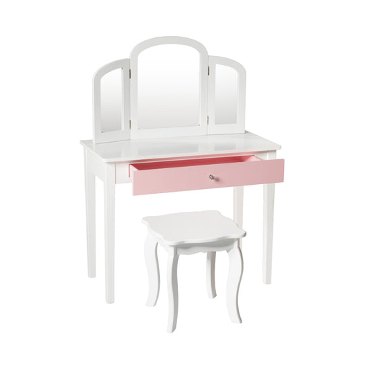 Kids Princess Make Up Dressing Table with Tri-folding Mirror and Chair, White Kids Vanities White at Gallery Canada