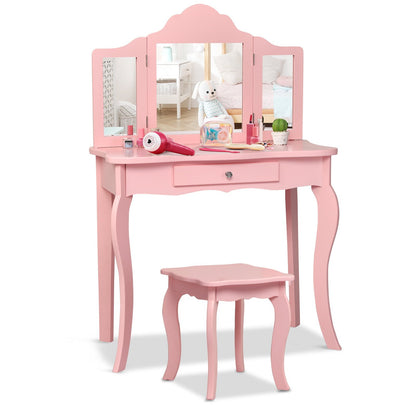 Kids Makeup Dressing Mirror Vanity Table Stool Set, Pink - Gallery Canada