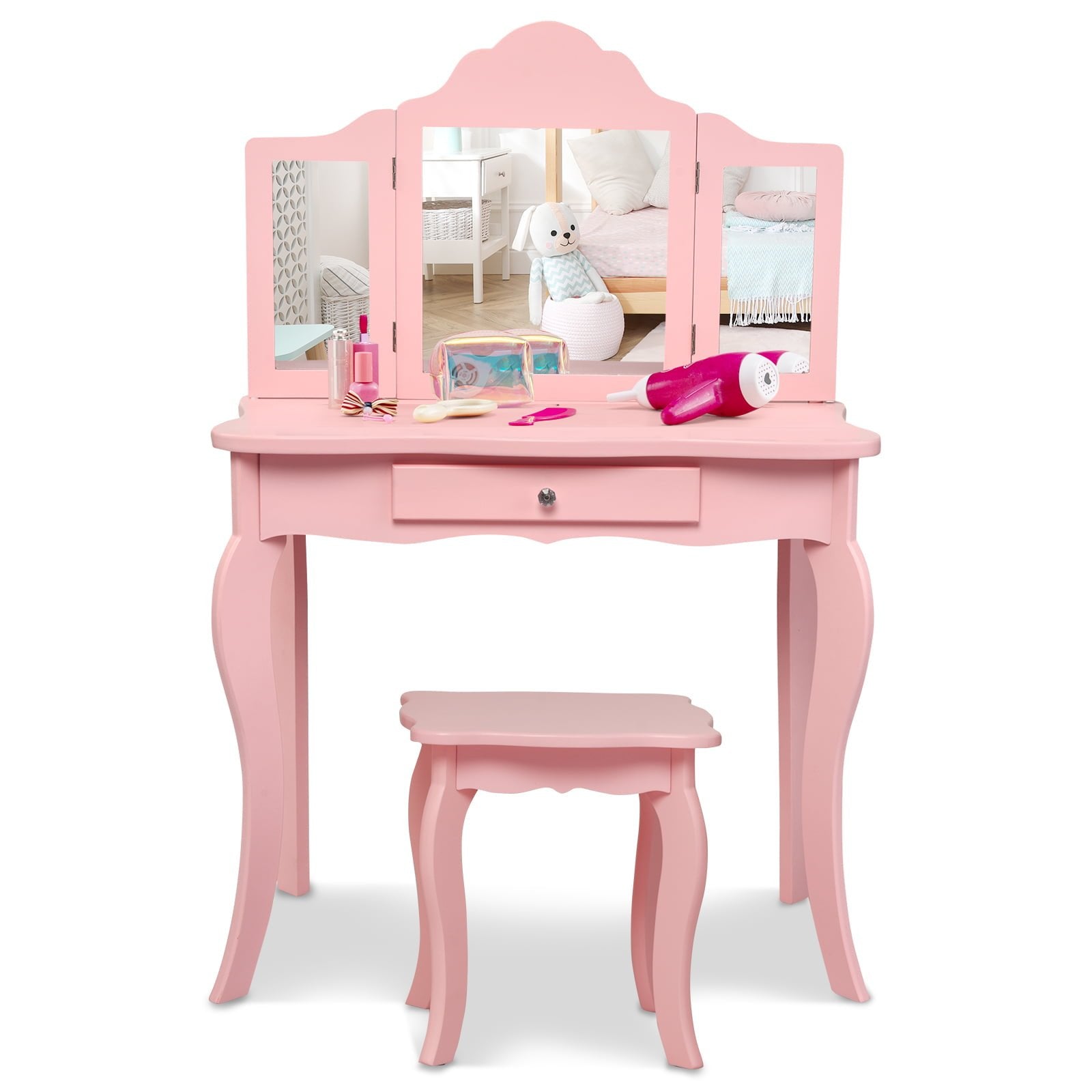 Kids Makeup Dressing Mirror Vanity Table Stool Set, Pink - Gallery Canada