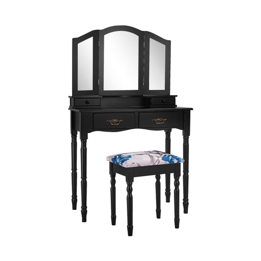 Simple Vanity Set with Tri-Folding Mirror Drawers and Storage Shelf, Black
