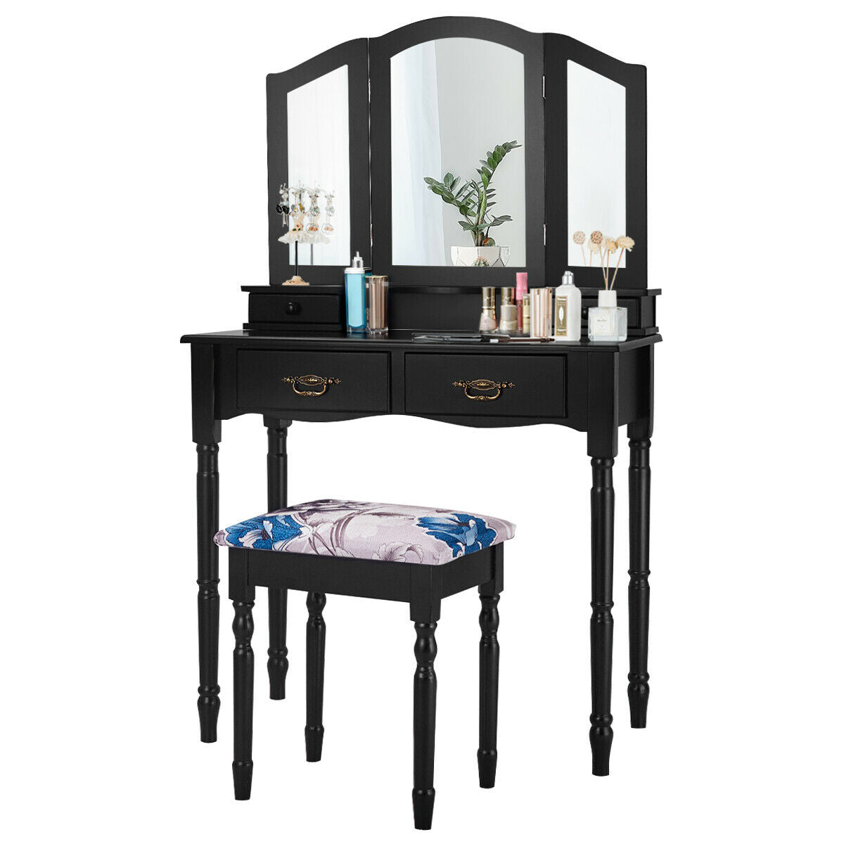 Simple Vanity Set with Tri-Folding Mirror Drawers and Storage Shelf, Black Makeup Vanities at Gallery Canada