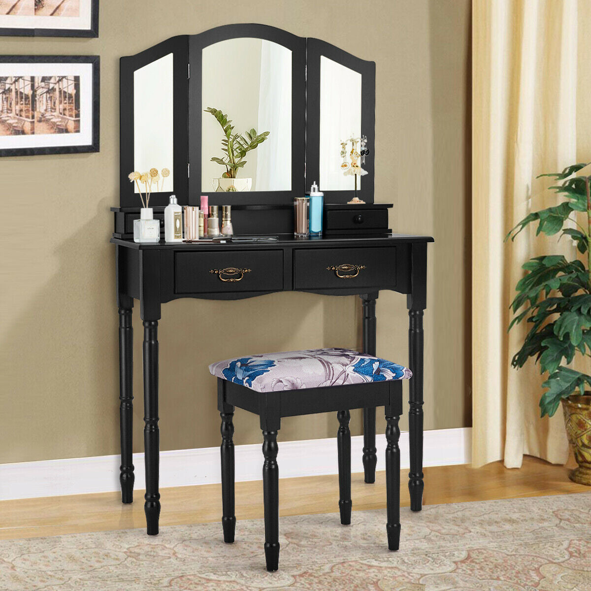 Simple Vanity Set with Tri-Folding Mirror Drawers and Storage Shelf, Black Makeup Vanities at Gallery Canada