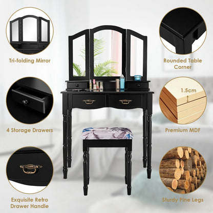 Simple Vanity Set with Tri-Folding Mirror Drawers and Storage Shelf, Black