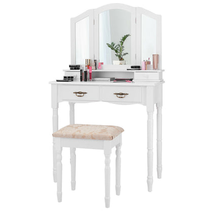 Simple Vanity Set with Tri-Folding Mirror Drawers and Storage Shelf, White Makeup Vanities at Gallery Canada