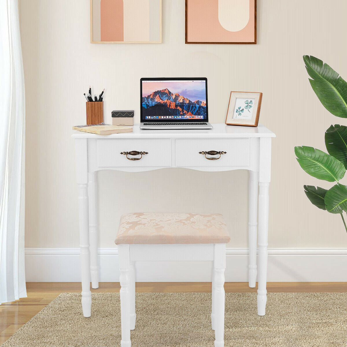Simple Vanity Set with Tri-Folding Mirror Drawers and Storage Shelf, White Makeup Vanities at Gallery Canada