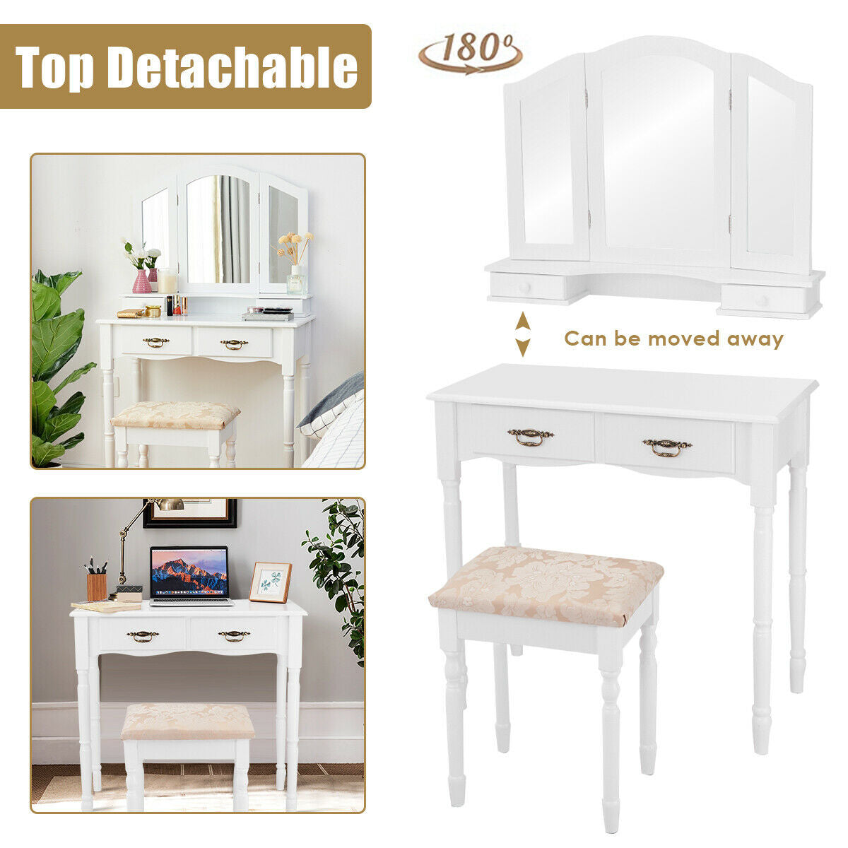 Simple Vanity Set with Tri-Folding Mirror Drawers and Storage Shelf, White Makeup Vanities at Gallery Canada