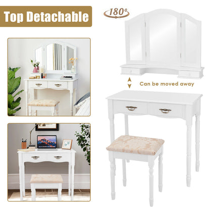 Simple Vanity Set with Tri-Folding Mirror Drawers and Storage Shelf, White Makeup Vanities at Gallery Canada