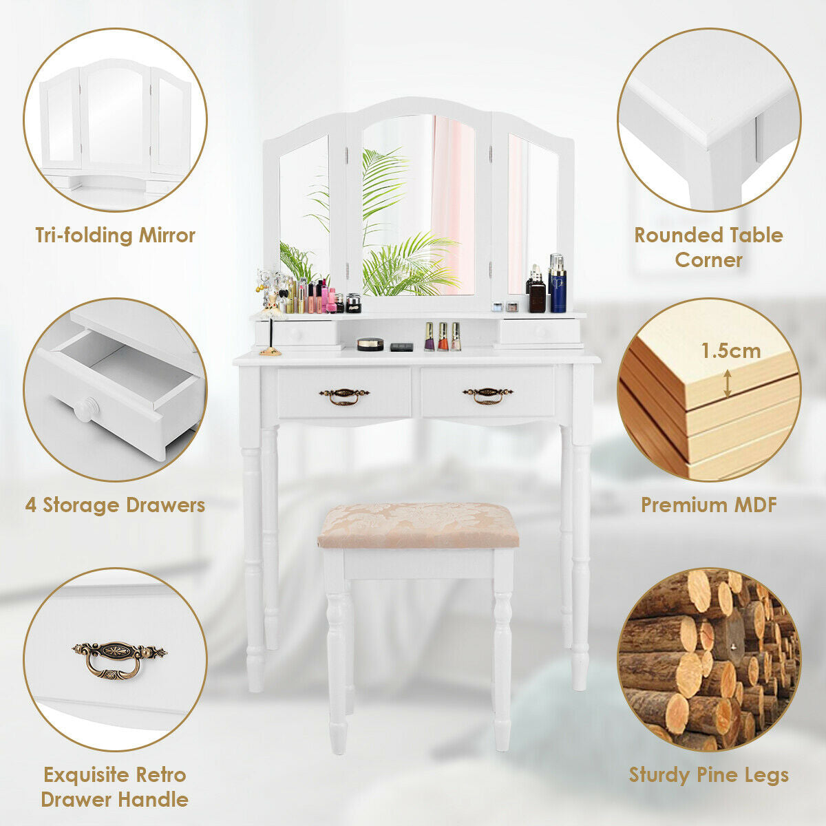 Simple Vanity Set with Tri-Folding Mirror Drawers and Storage Shelf, White Makeup Vanities at Gallery Canada