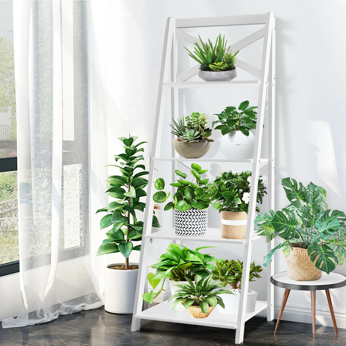 4-tier Leaning Free Standing Ladder Shelf Bookcase, White - Gallery Canada