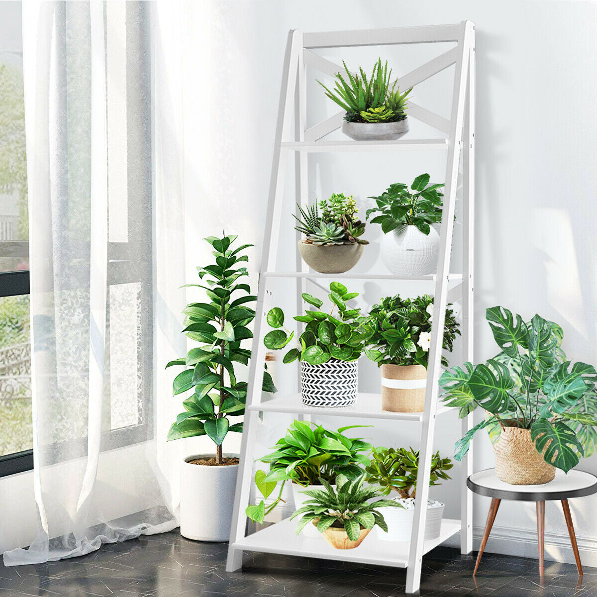 4-tier Leaning Free Standing Ladder Shelf Bookcase, White Bookcases at Gallery Canada