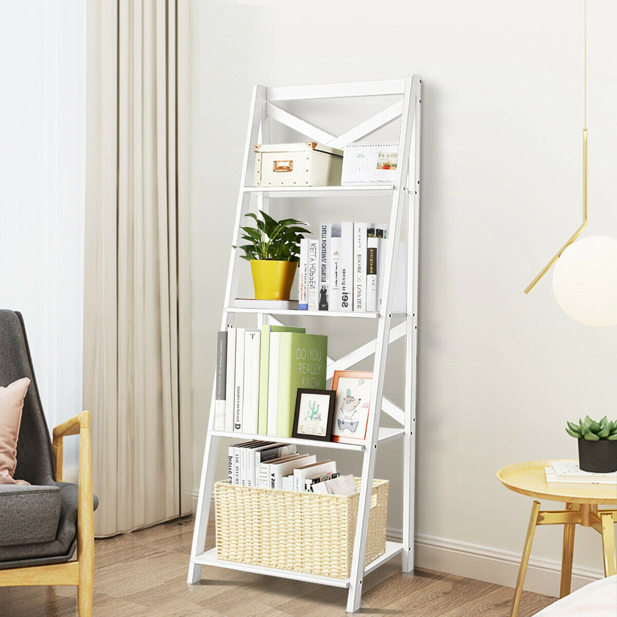 4-tier Leaning Free Standing Ladder Shelf Bookcase, White Bookcases at Gallery Canada