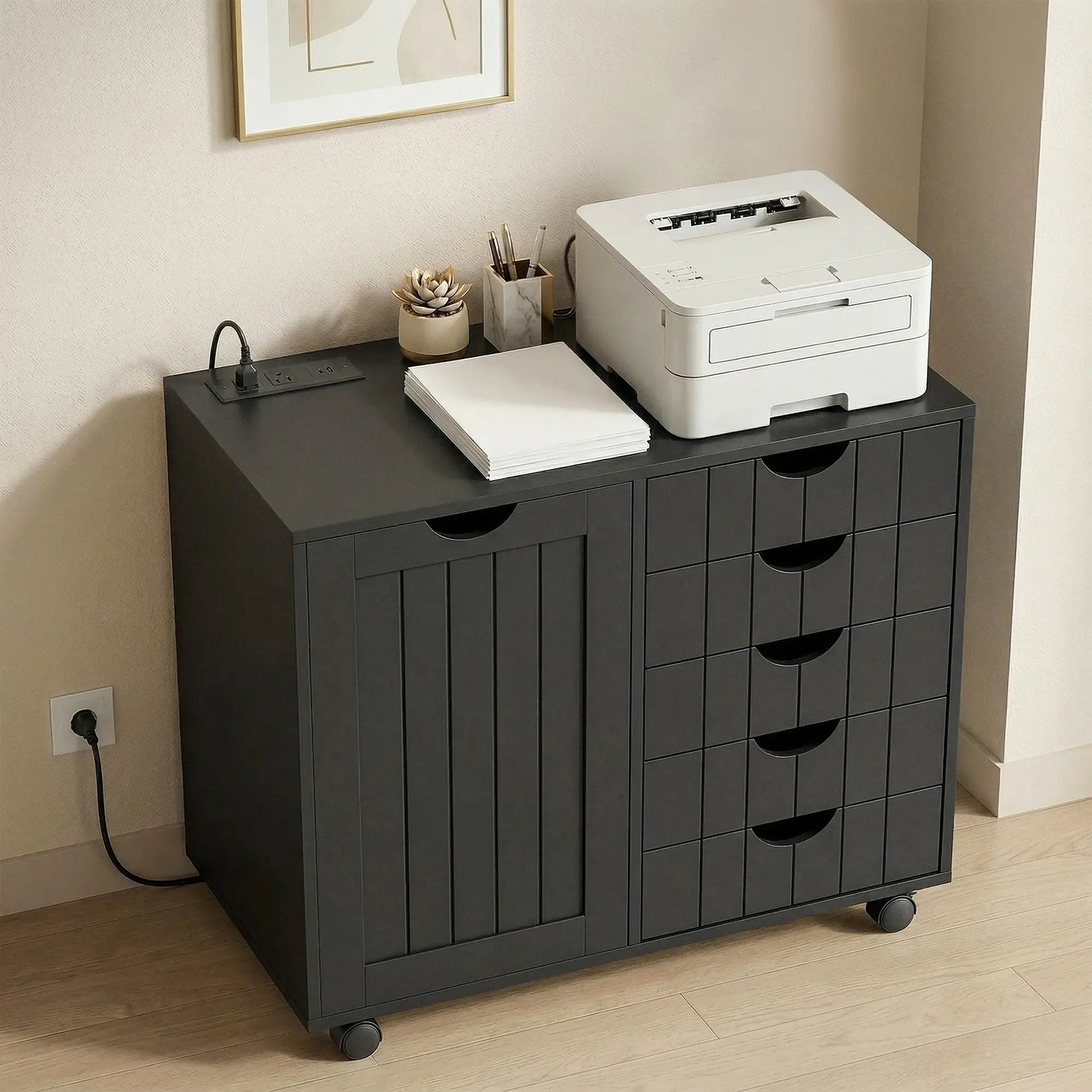 Mobile Lateral Filing Cabinet with 5 Drawers, Printer Stand, Black Office Cabinets & Cupboards at Gallery Canada