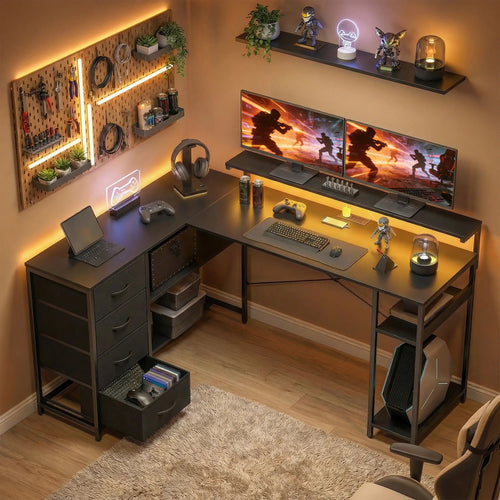 Gaming Desk With Power Outlets, LED Lights, Drawers, Monitor Stand, 61