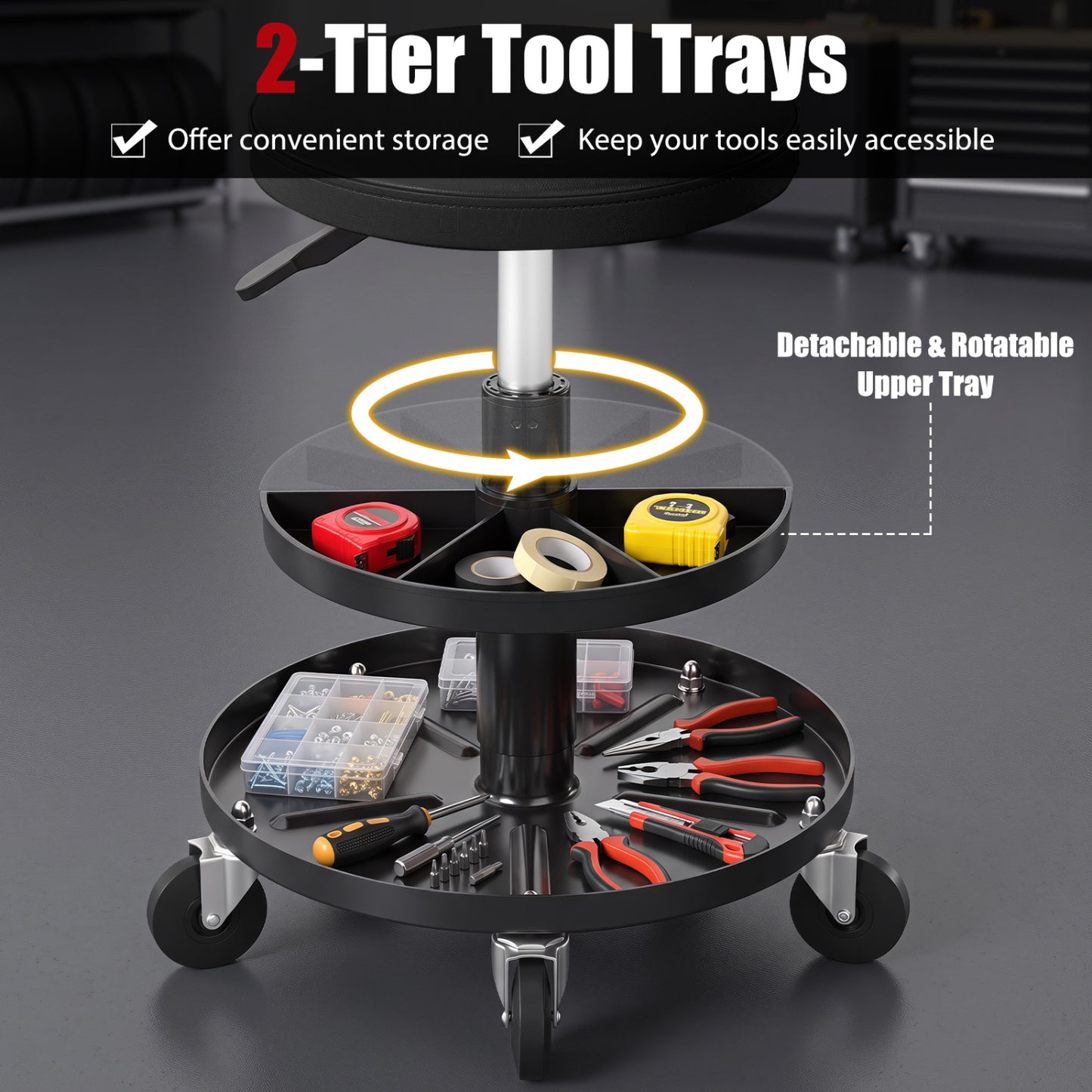 Adjustable Height Rolling Mechanic Stool with Wheels, Black