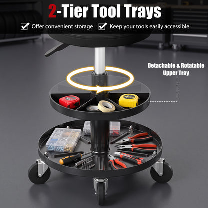 Adjustable Height Rolling Mechanic Stool with Wheels, Black