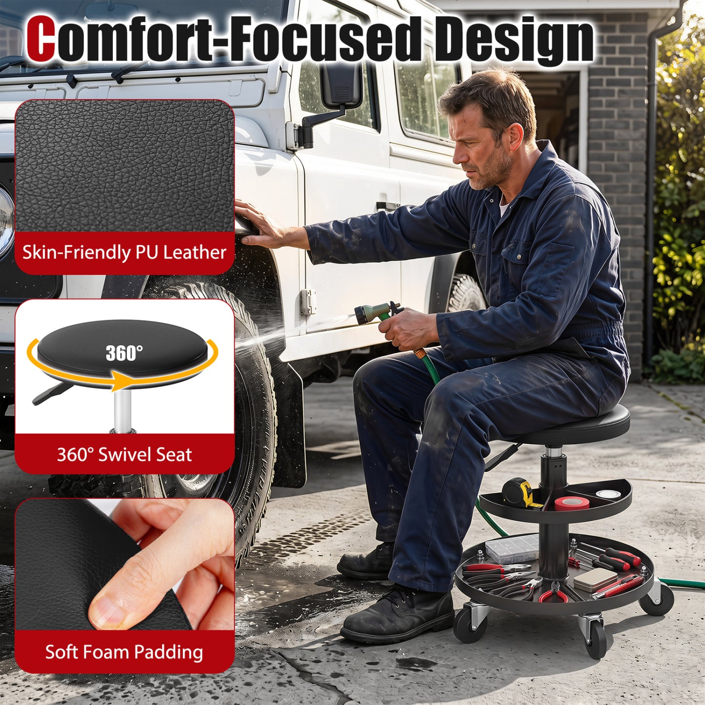 Adjustable Height Rolling Mechanic Stool with Wheels, Black