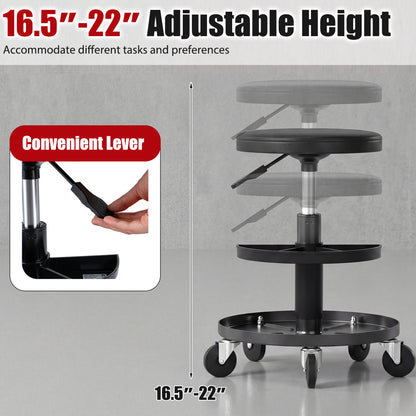 Adjustable Height Rolling Mechanic Stool with Wheels, Black