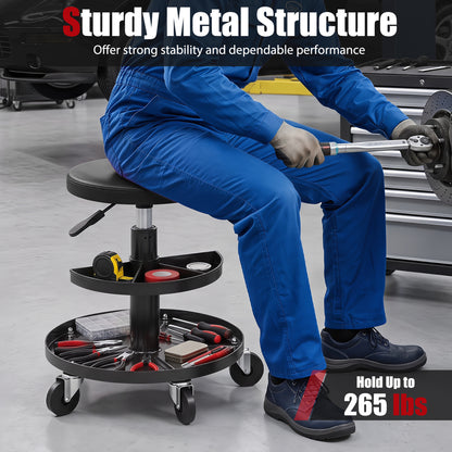 Adjustable Height Rolling Mechanic Stool with Wheels, Black