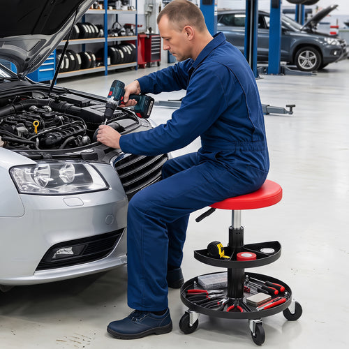 16.5-22In Adjustable Height Rolling Mechanic Stool, Red