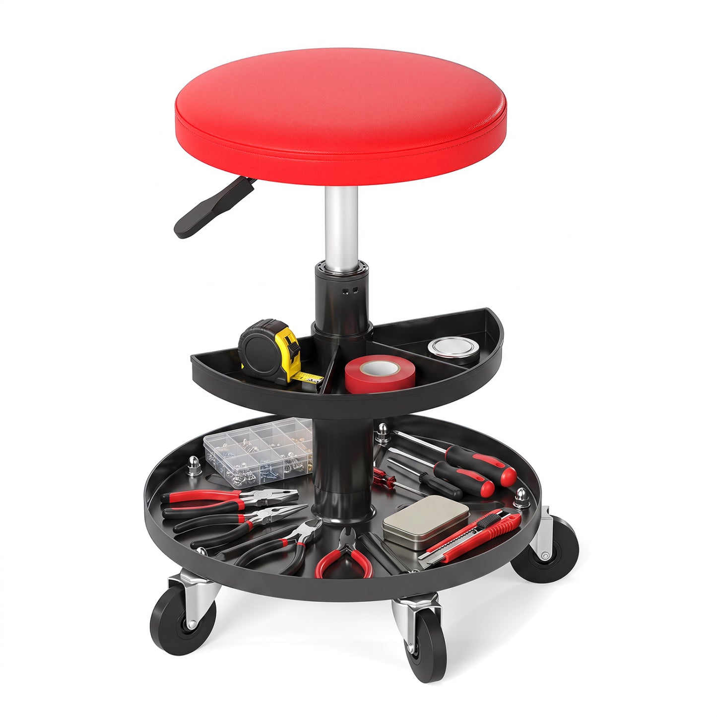 16.5-22In Adjustable Height Rolling Mechanic Stool, Red