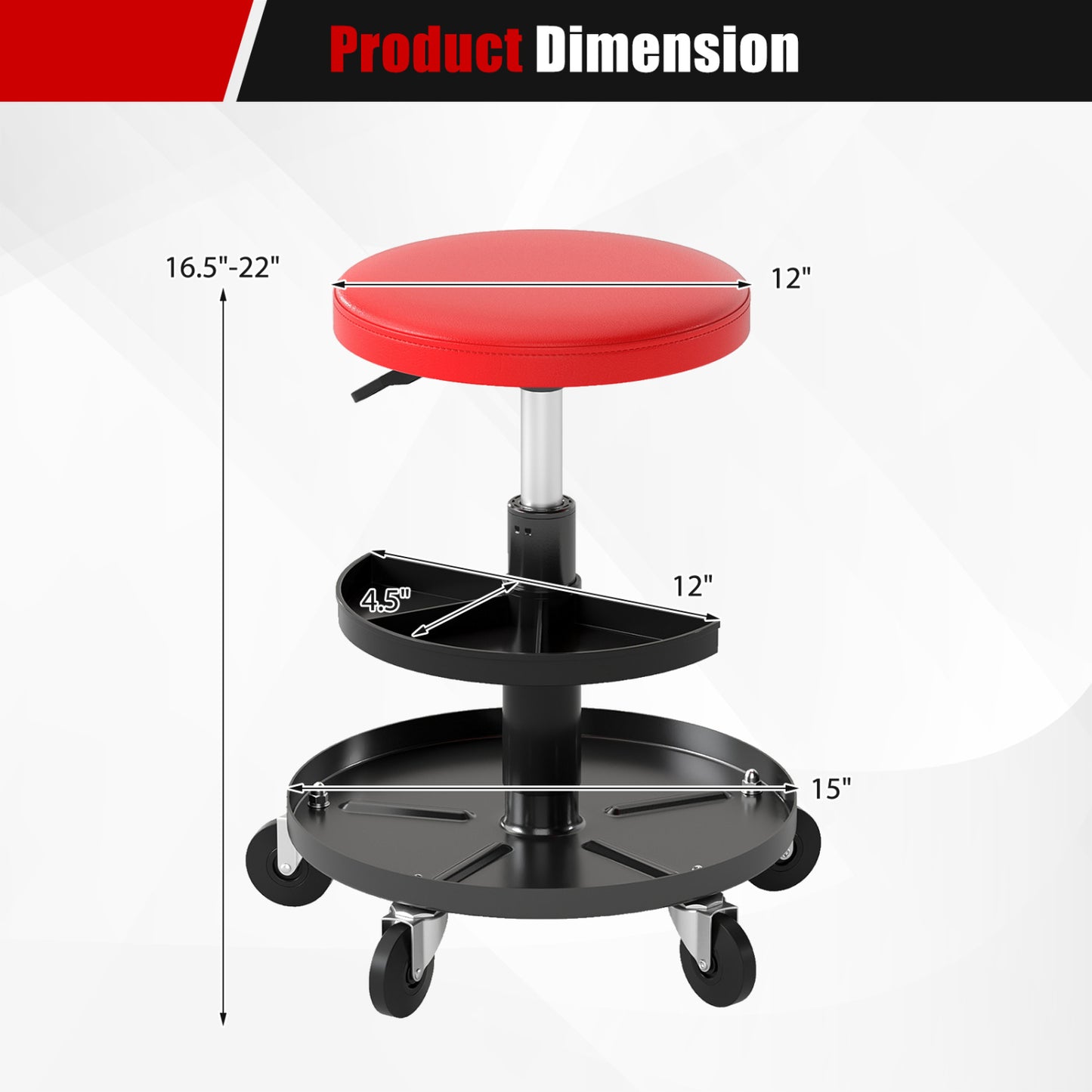 16.5-22In Adjustable Height Rolling Mechanic Stool, Red