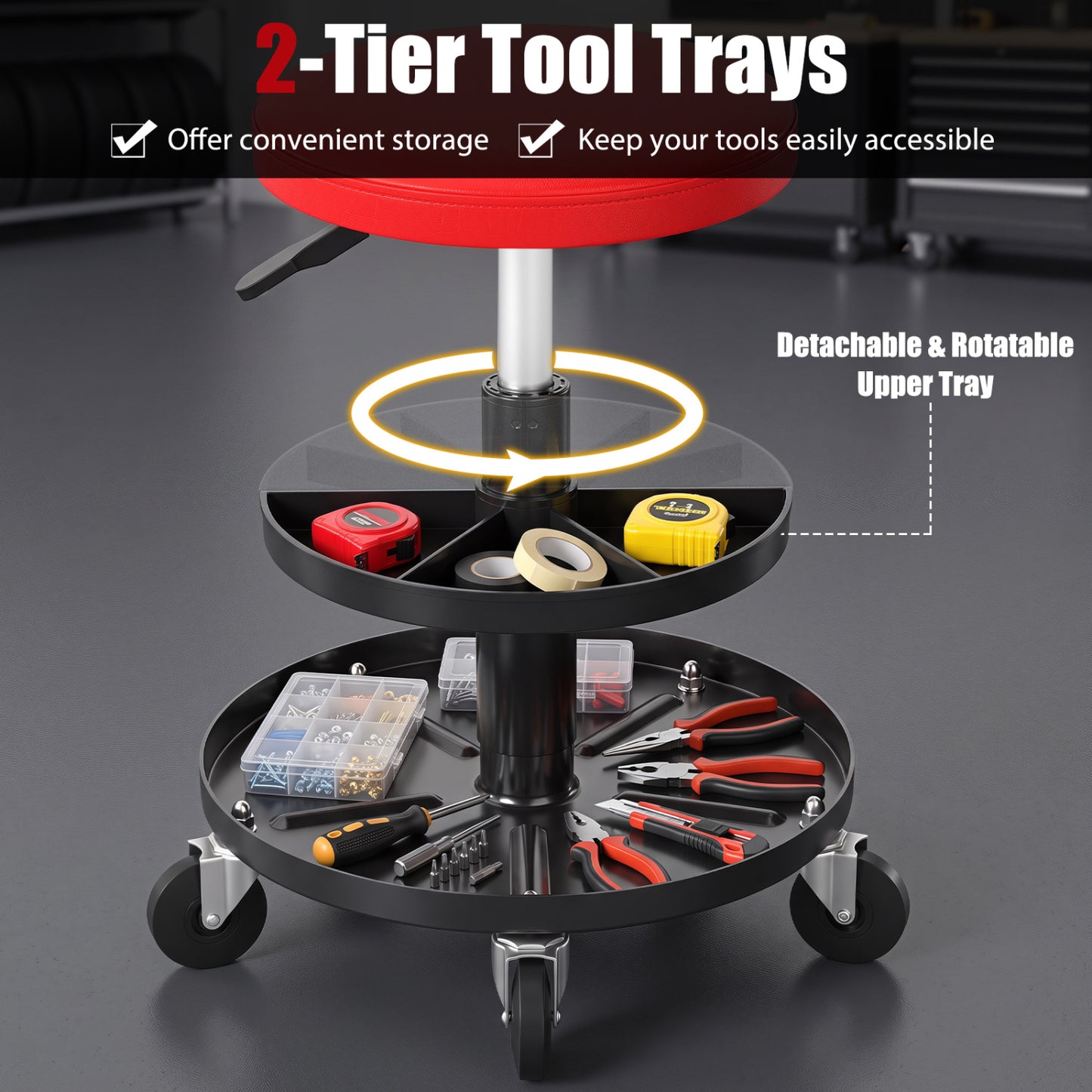 16.5-22In Adjustable Height Rolling Mechanic Stool, Red