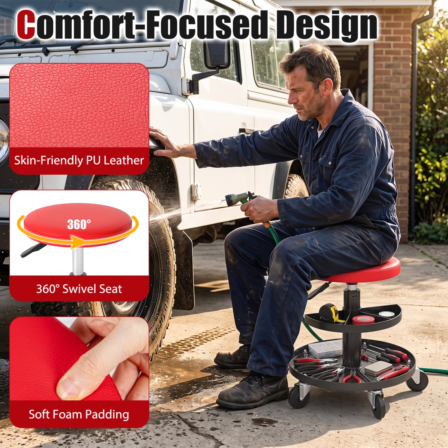 16.5-22In Adjustable Height Rolling Mechanic Stool, Red