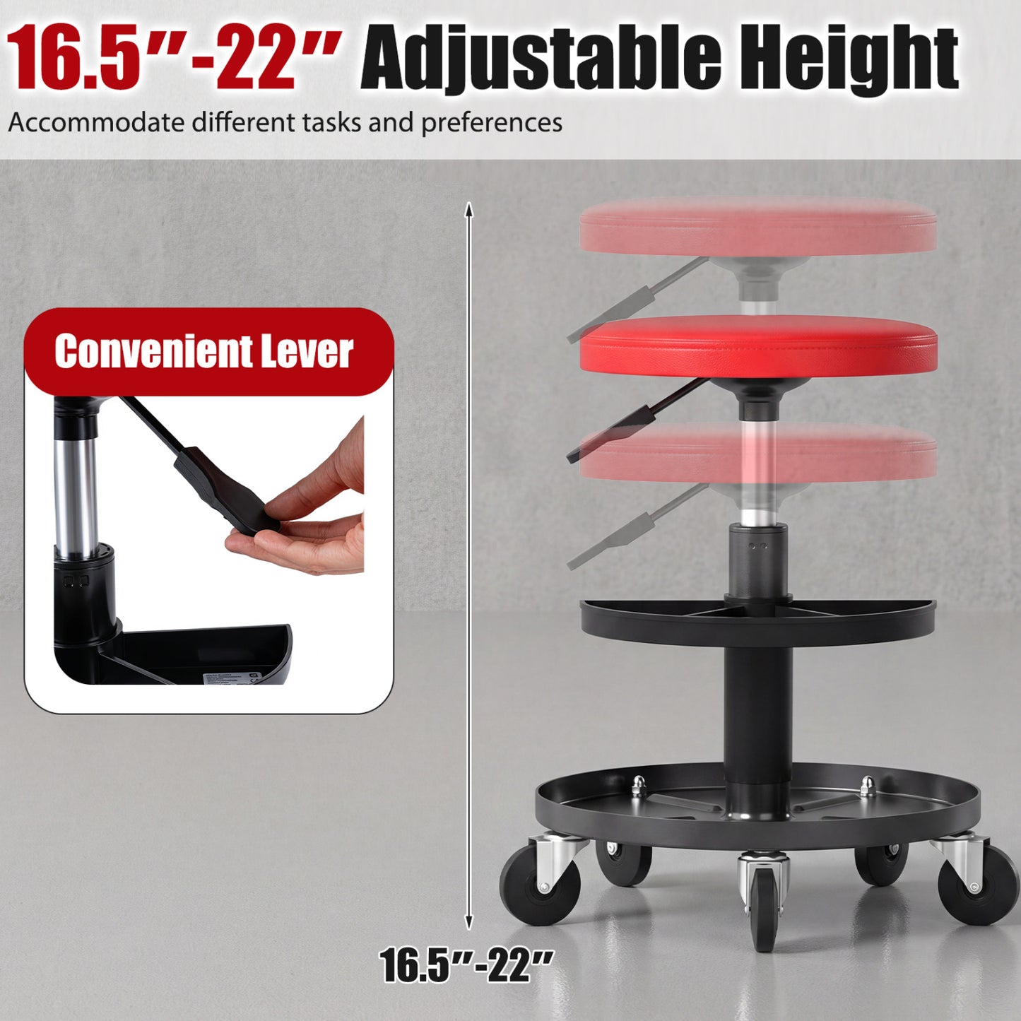 16.5-22In Adjustable Height Rolling Mechanic Stool, Red