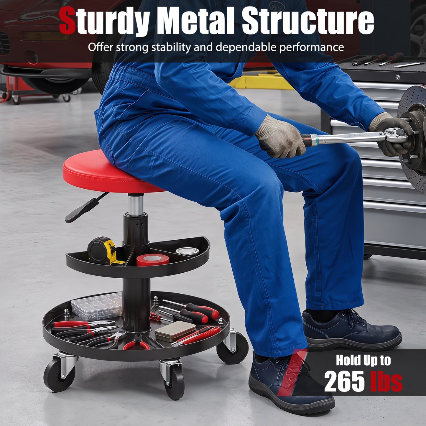 16.5-22In Adjustable Height Rolling Mechanic Stool, Red