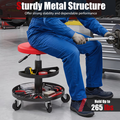 16.5-22In Adjustable Height Rolling Mechanic Stool, Red