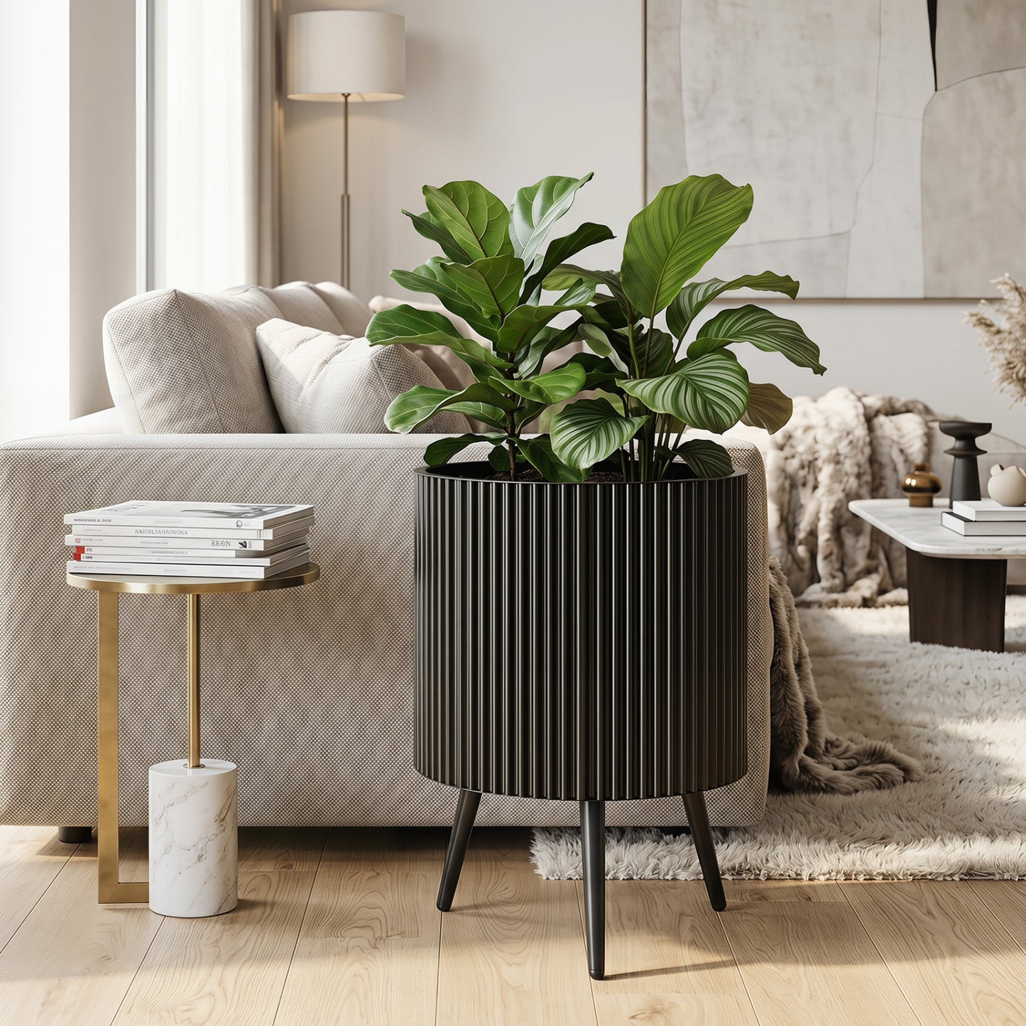 16.5 Inch Plant Pot With Stand, Tapered Legs For Garden