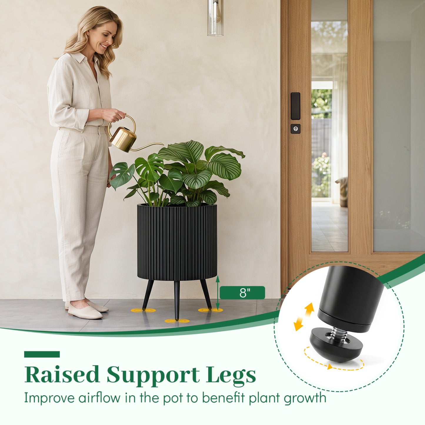16.5 Inch Plant Pot With Stand, Tapered Legs For Garden