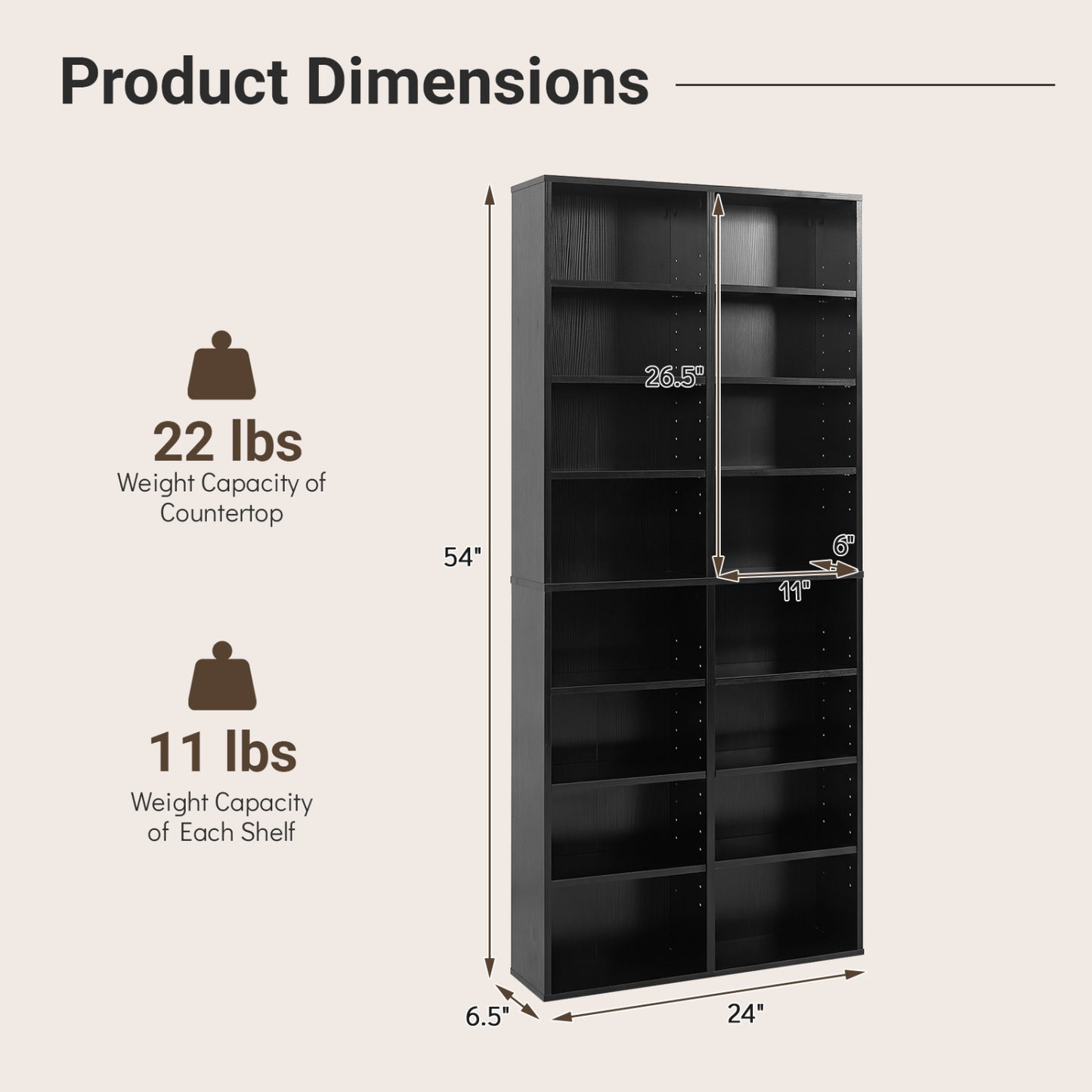 Unité de rangement pour CD à 16 compartiments, 54", noir