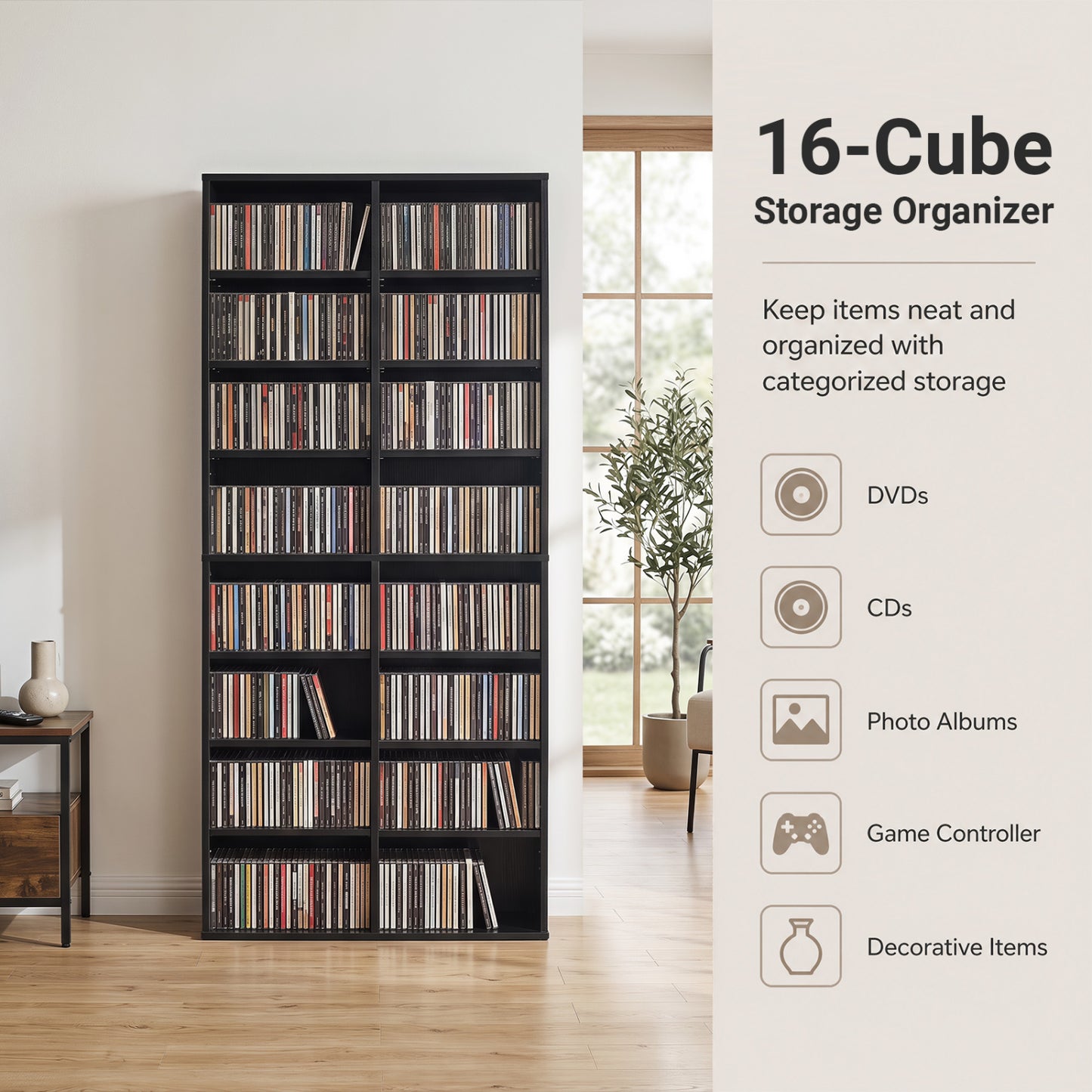 Unité de rangement pour CD à 16 compartiments, 54", noir