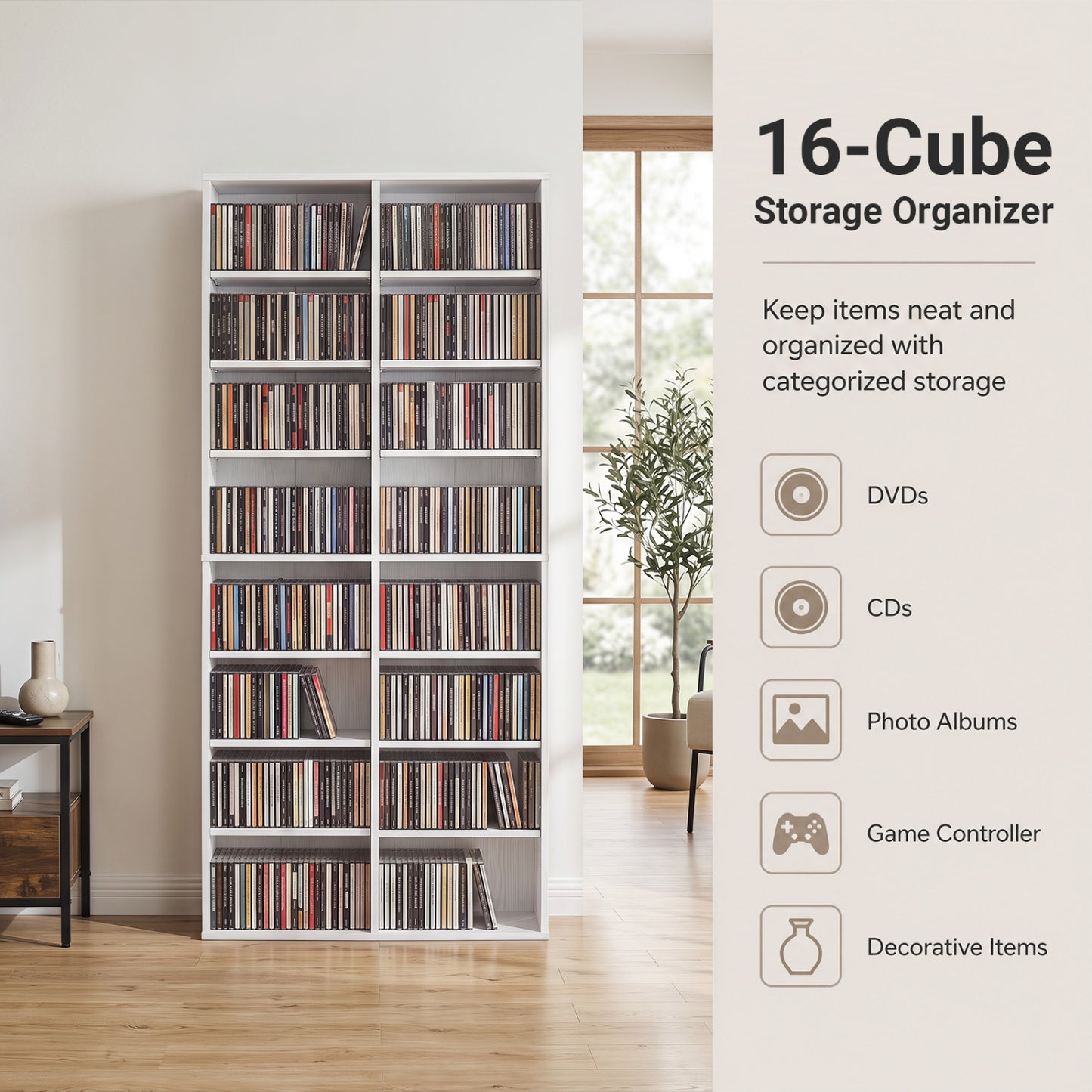 Unité de rangement pour CD à 16 compartiments, sur pied de 54 pouces, blanche