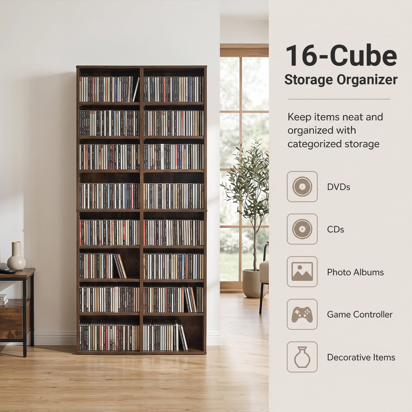 Unité de rangement pour CD à 16 compartiments, étagère de présentation autoportante de 54" , marron