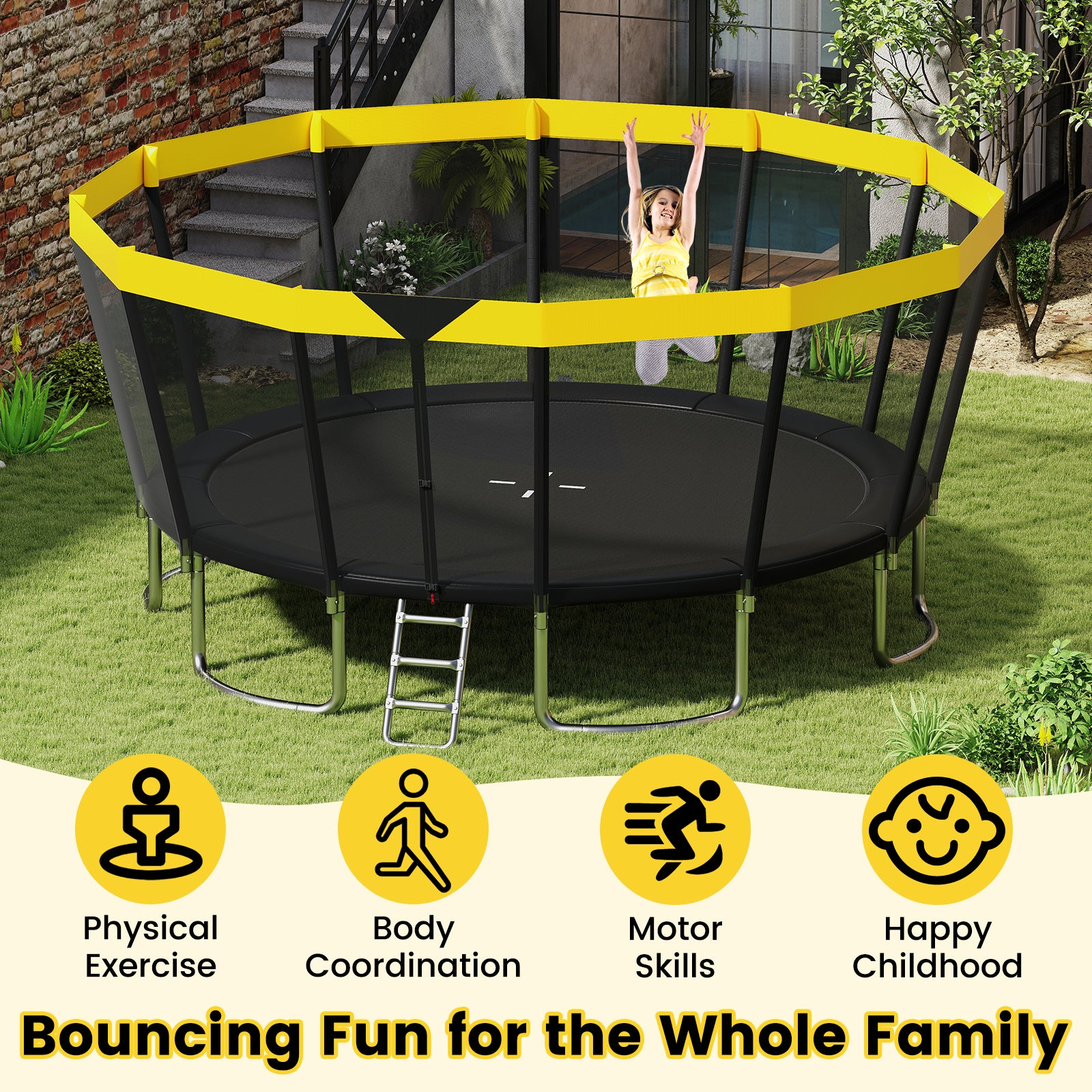 16 FT Outdoor Trampoline ASTM Compliant Recreational Trampoline with Non-Slip Ladder, Yellow Trampolines at Gallery Canada