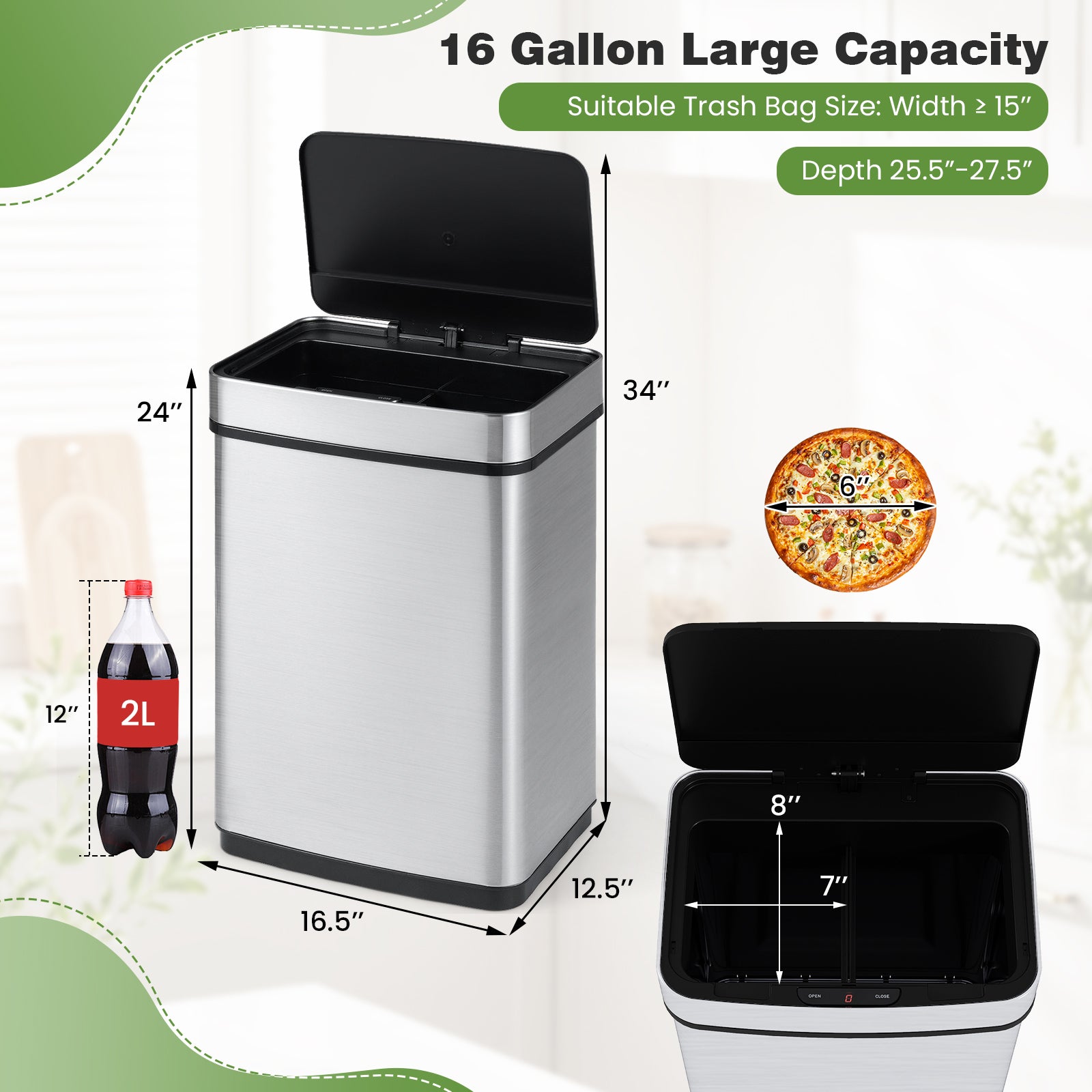 16 Gallon Trash Can Infrared Motion Sensor Garbage Can with Dual Compartments, Silver Kitchen Trash Cans at Gallery Canada