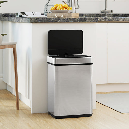 16 Gallon Trash Can Infrared Motion Sensor Garbage Can with Dual Compartments, Silver Kitchen Trash Cans Silver at Gallery Canada
