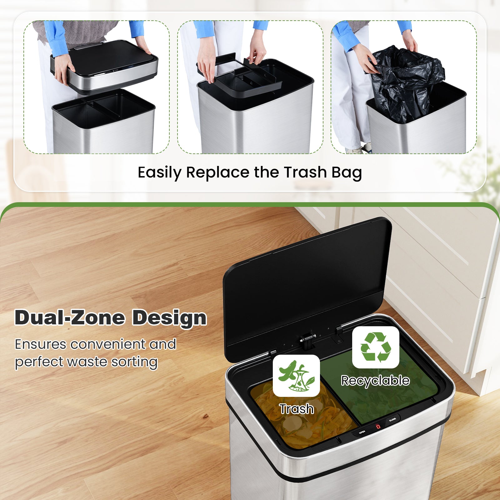 16 Gallon Trash Can Infrared Motion Sensor Garbage Can with Dual Compartments, Silver Kitchen Trash Cans at Gallery Canada